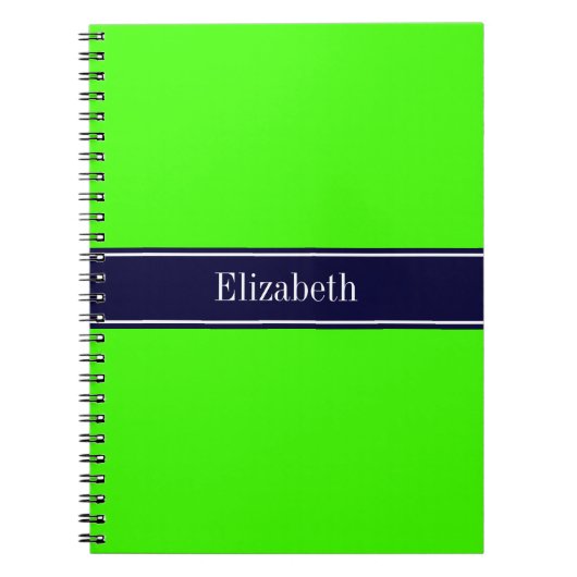 Carnet Lime solide vert, ruban bleu marine Nom Monogramme (Devant)
