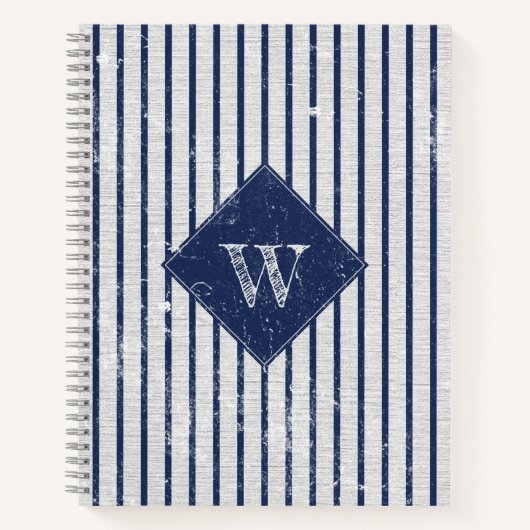 Carnet Lin gris rustique et rayures bleu marine Monogramm (Devant)