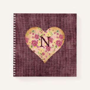 Carnet Linge rustique monogramme floral cœur joli