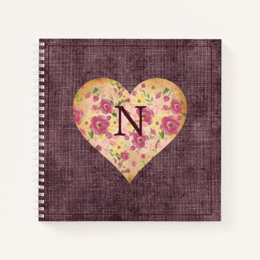 Carnet Linge rustique monogramme floral cœur joli (Devant)