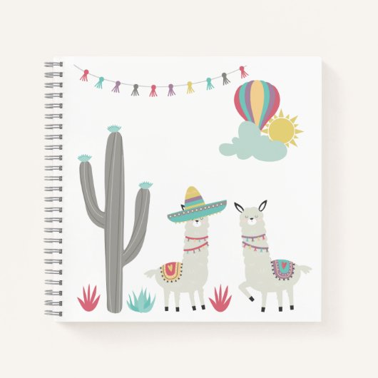Carnet Llamas Mignons Décorés Cactus Montgolfière (Devant)