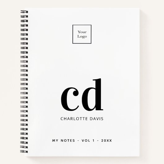 Carnet Logo blanc noir monogramme initiales affaires (Devant)