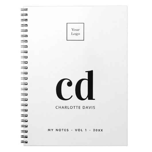 Carnet Logo blanc noir monogramme initiales entreprise (Devant)