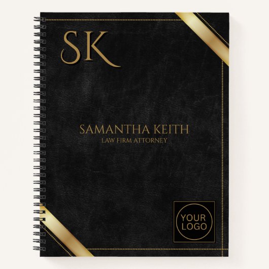 Carnet Logo d'affaires Luxe Cuir noir Golden Stripe (Devant)