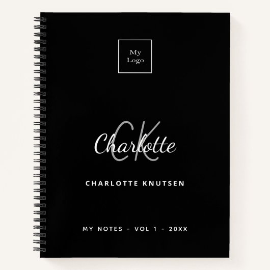 Carnet Logo de nom de monogramme noir blanc affaires (Devant)