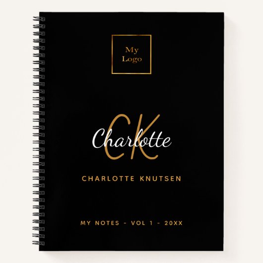 Carnet Logo de société à monogramme en or noir (Devant)