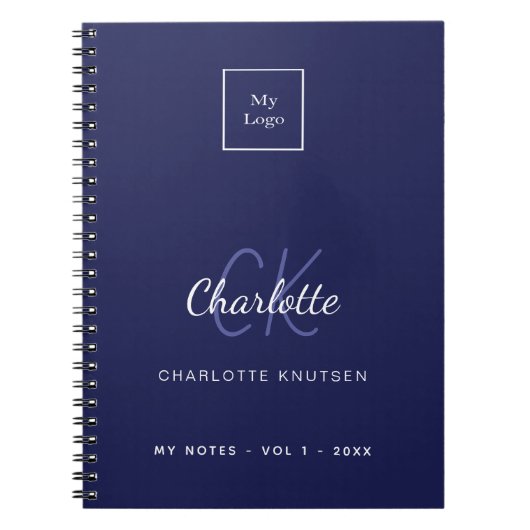 Carnet Logo de société de nom de monogramme blanc bleu ma (Devant)