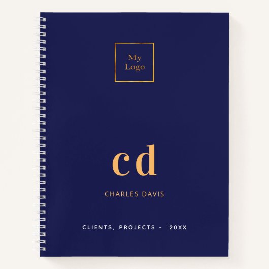 Carnet Logo d'entreprise avec monogramme doré sur fond bl (Devant)