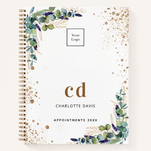 Carnet Logo d'entreprise blanc avec verdure d'eucalyptus (Devant)