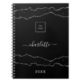 Carnet Logo d'entreprise en marbre d'agate argent noir (Devant)