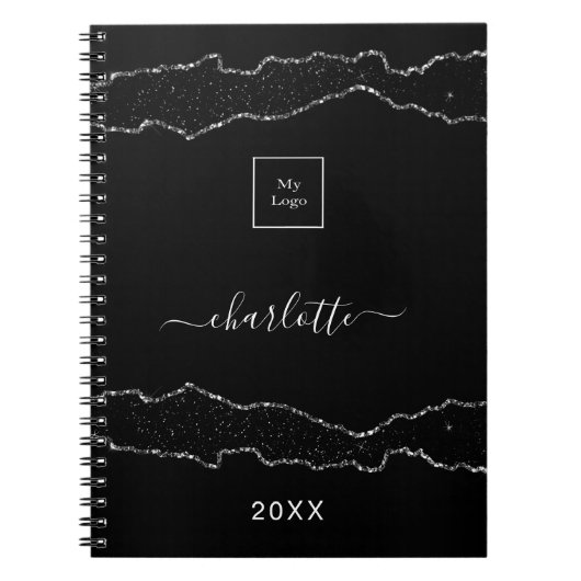 Carnet Logo d'entreprise en marbre d'agate argent noir (Devant)