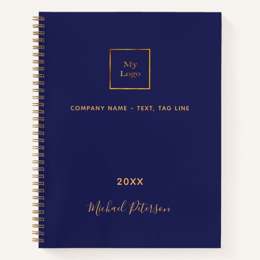 Carnet Logo entreprise bleu marine or nom script (Devant)