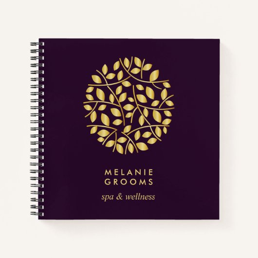 Carnet Logo Feuilles d'Or | Violet | Monogramme Personnal (Devant)