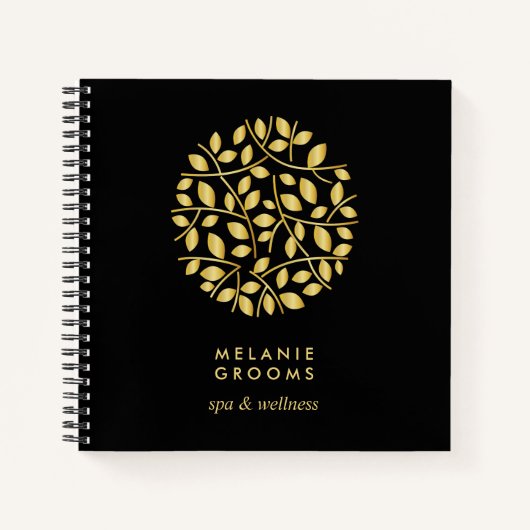 Carnet Logo Gold Feuille | Noir | Monogramme personnalisé (Devant)
