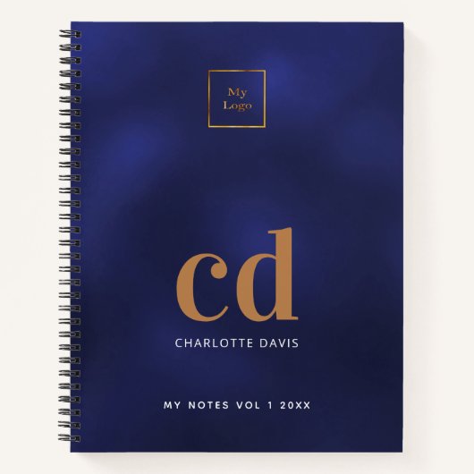 Carnet Logo marine bleu or monogramme entreprise initiale (Devant)