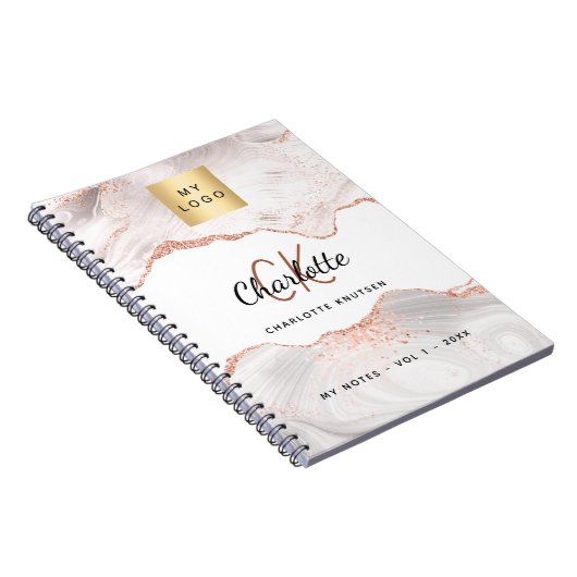 Carnet Logo monogramme en agate or rose élégant pour les (Côté Droit)