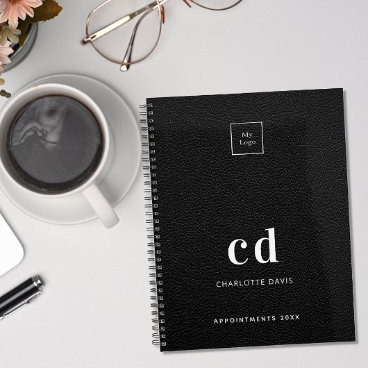 Carnet Logo monogramme initiales cuir noir affaires