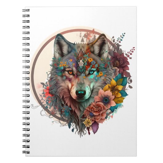 Carnet Loup Coloré Avec Fleurs (Devant)
