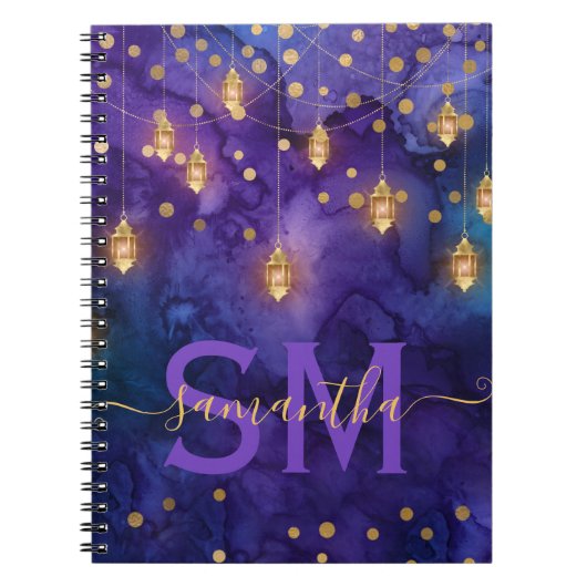 Carnet Lueur de lanterne violette et bleue à monogramme (Devant)