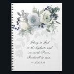 Carnet Luke 2:14 "Glory to God" White Rose Christmas<br><div class="desc">Inspirational scripture Christmas notebook,  journal depicts an elegant white and navy blue rose watercolor floral design. It features a Bible Verse Luke 2:14,  "Glory to God in the highest,  and on earth Peace,  Goodwill to men.!"</div>