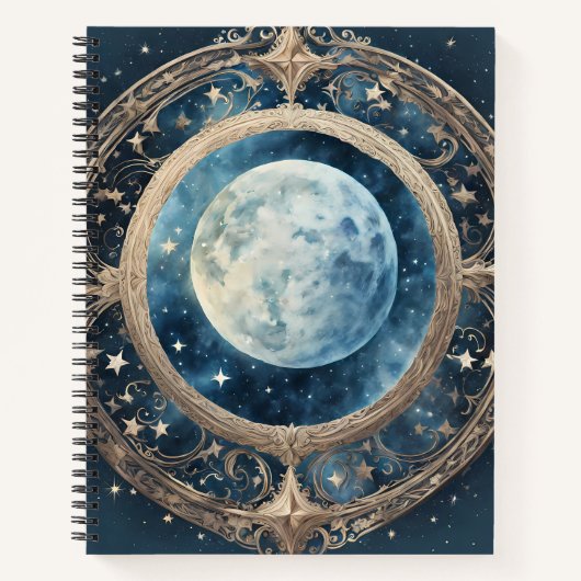 CARNET LUNE CÉLESTIALE PLEINE BLEUE AVEC BORDURE D'OR (Devant)