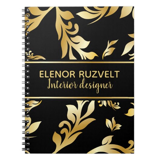 Carnet Lux or noir moderne élégant design floral damé (Devant)