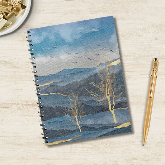 Carnet Luxe Blue Gold Mountains Arbres Oiseaux Sky Paysag