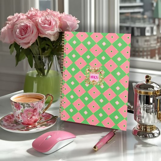 Carnet Luxe Rose & Vert Harlequin Blason Monogramme