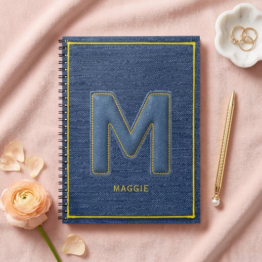 Carnet M lettrage monogramme à couture jaune Y2K en denim