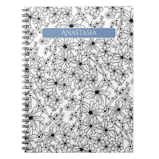 Carnet Main dessinée Floral Blanc Noir Motif & Bleu Nom (Devant)