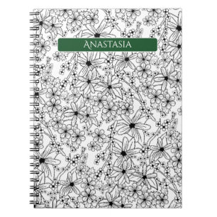 Carnet Main dessinée Floral Blanc Noir Motif & Vert Nom