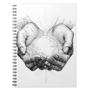 Carnet Main sacrée tenant un croquis de la sphère radiant