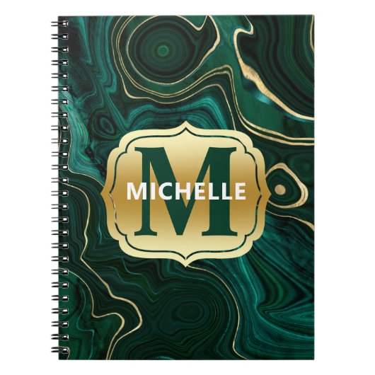 Carnet Malachite vert foncé et feuille d'or avec veines s (Devant)