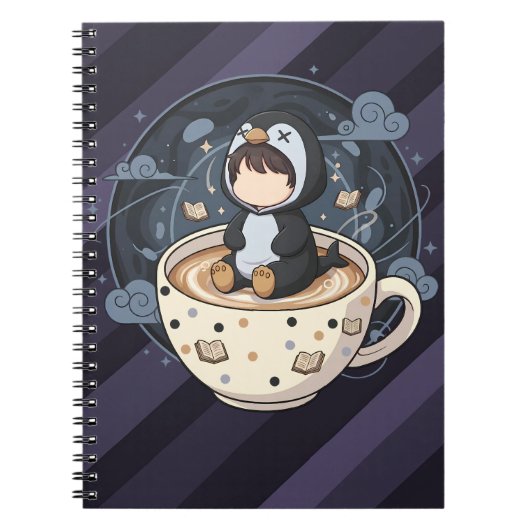 Carnet Manchot lisant avec une tasse chaude (Devant)