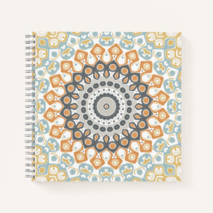 Carnet Mandala géométrique en orange, gris et bleu