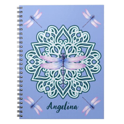 Carnet Mandala Libellule Monogramme Violet Nom Script (Devant)