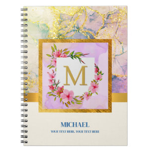Carnet Marbre à l'aquarelle élégant Monogramme floral or