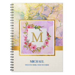 Carnet Marbre à l'aquarelle élégant Monogramme floral or