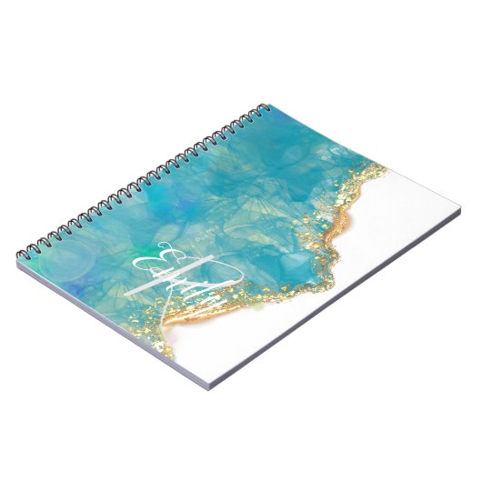 Carnet Marbre abstrait d'agate sarcelle et blanc Monogram (Côté gauche)