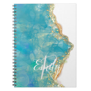 Carnet Marbre abstrait d'agate sarcelle et blanc Monogram
