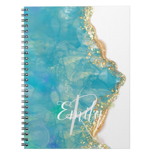 Carnet Marbre abstrait d'agate sarcelle et blanc Monogram (Devant)