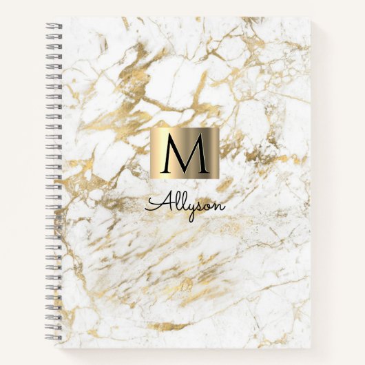 Carnet Marbre blanc et or, boîte dorée, nom et monogramme (Devant)