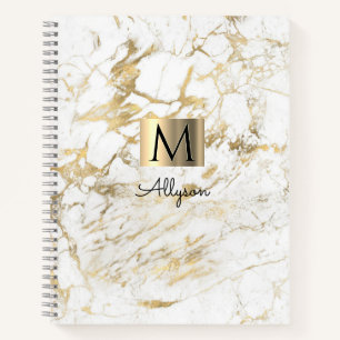 Carnet Marbre blanc et or, Boîte or, Nom et Monogramme
