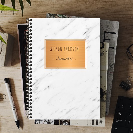 Carnet Marbre blanc étiquette en cuivre à la mode école c