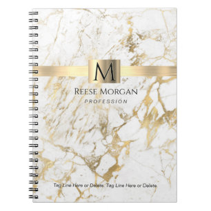 Carnet Marbre Blanc/Or, Nom & Monogramme, Profession