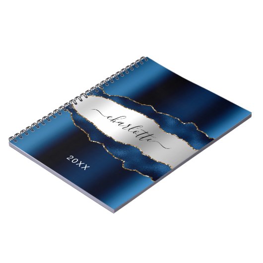Carnet Marbre bleu marine argenté marbre nom script (Côté gauche)