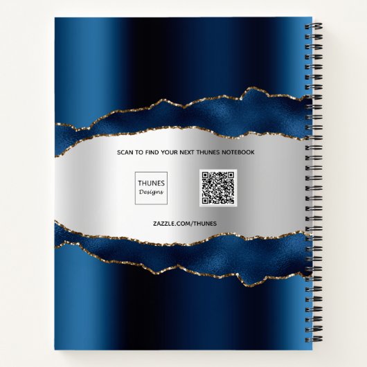 Carnet Marbre bleu marine argenté marbre nom script (Dos)