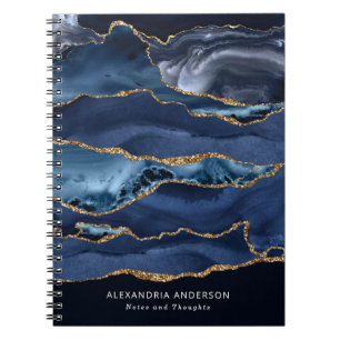 Carnet Marbre bleu marine élégant paillettes or agate géo