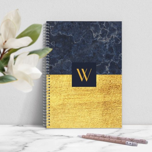 Carnet Marbre Bleu Or Monogramme Élégant
