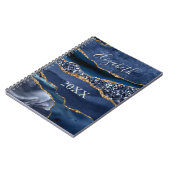 Carnet Marbre d'agate nom monogrammé bleu or paillettes (Côté gauche)